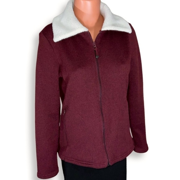 TALBOTS Preppy Classic Fleece Zip Up Jacket Retro Red Wine Burgundy Small Petite - Picture 1 of 10